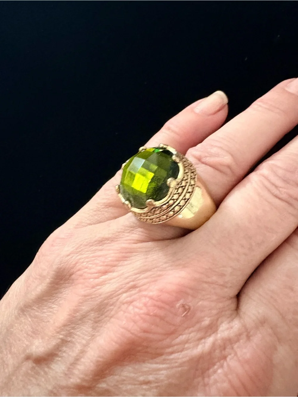Heavy Crown Gold-Tone Statement Ring with Dark Green Stone